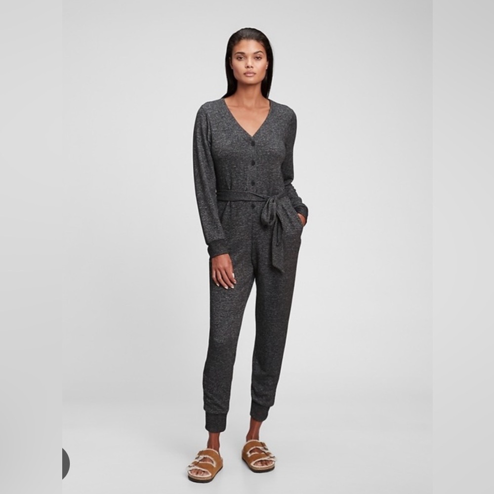 Gap Jumpsuit Size Large Waist Tie V-Neck Button Long Sleeve Stretchy Gray B3